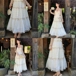 森女部落波西米亚风高腰半身裙女新款夏季流苏拼接设计感宽松长裙