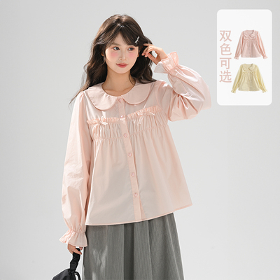 森女部落学院风娃娃领长袖衬衫女2025新款秋冬纯棉设计感宽松上衣