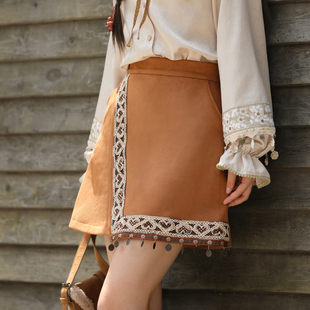 森女部落民族风复古高腰半身裙女2025新款 秋冬流苏设计感A字短裙