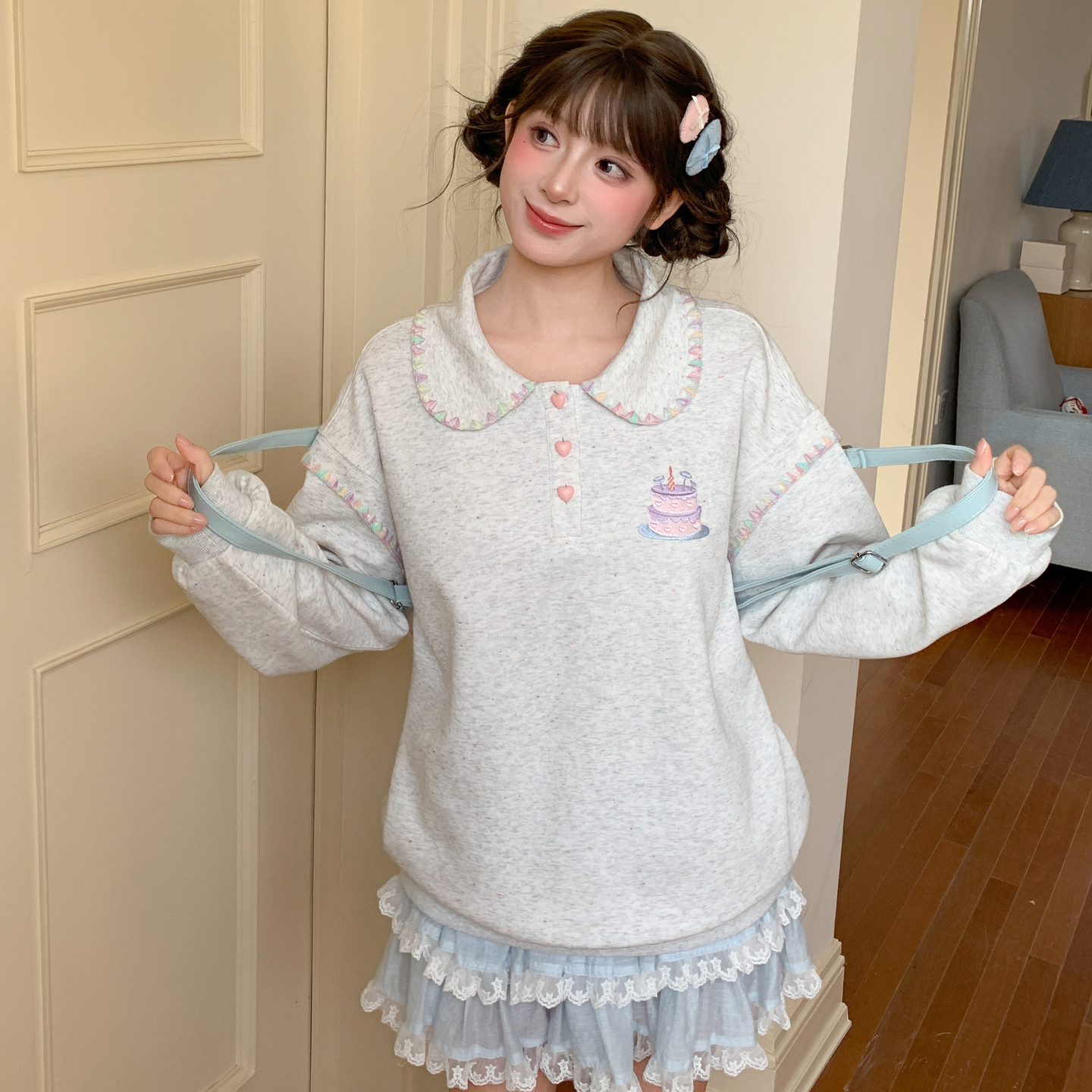 森女部落软妹蛋糕刺绣娃娃领卫衣女2026新款甜美风百搭宽松上衣春,女装/女士精品,卫衣/绒衫,淘宝优惠券,粉丝福利购,淘宝优惠卷