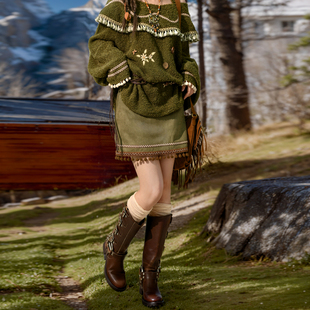 森女部落原创复古民族风高腰麂皮绒半身裙高腰女2025春秋新款 女装