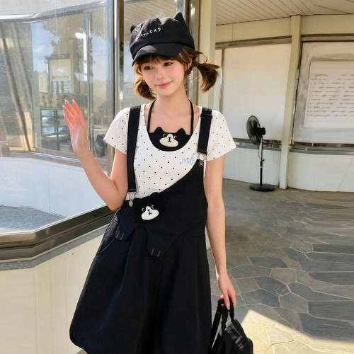森女部落甜美风猫咪刺绣设计感背带裤女2026新款黑色花苞短裤夏季