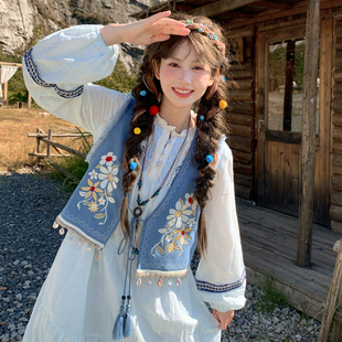 森女部落原创民族风小花刺绣上衣宽松马甲时尚套装女2026新款秋季