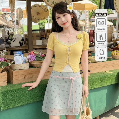 森女部落黄色假两件多巴胺短袖t恤女带胸垫修身挂脖吊带上衣夏季
