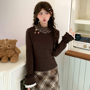 森女部落棕色蕾丝花边高领长袖T恤女秋森系内搭可爱打底衫上衣冬
