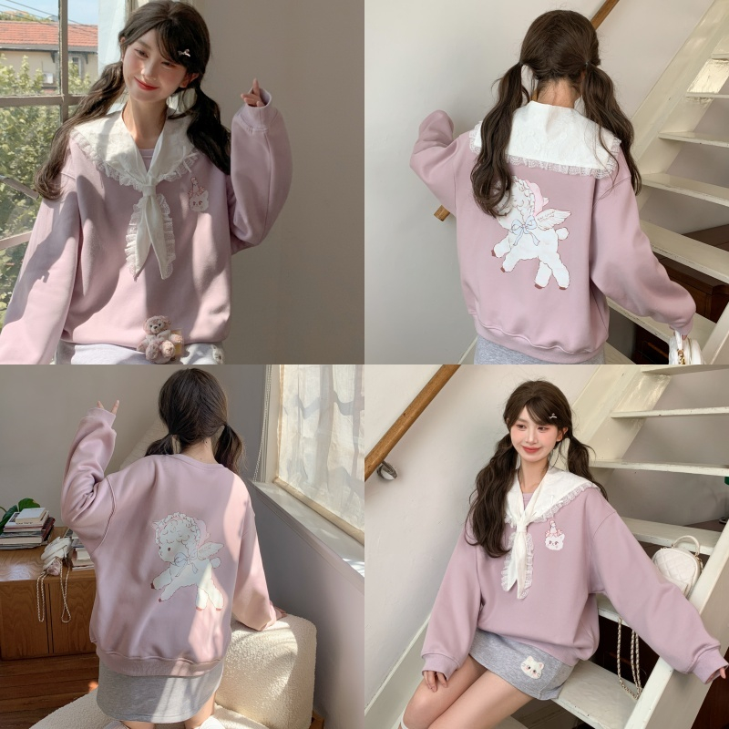 森女部落甜美风可爱猫咪加绒圆领卫衣女2025新款秋季百搭宽松上衣