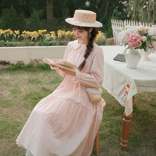 森女部落甜美风娃娃脸领长袖连衣裙女2026新款森系宽松粉色长裙春
