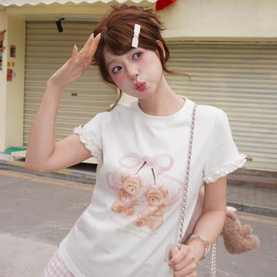 森女部落甜美可爱小熊印花宽松显瘦短袖 百搭纯棉上衣夏 T恤女新款