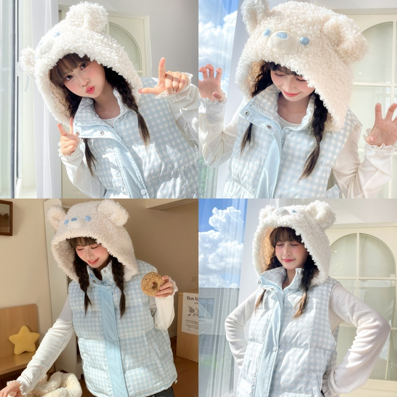 森女部落甜美设计感小熊立耳连帽棉服女2025新款秋冬百搭格子马甲