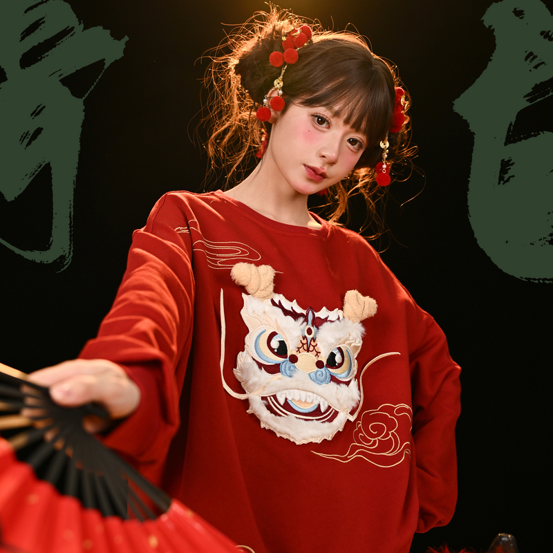 【现货】森女部落原创新年国风氛围感喜庆红色加绒宽松卫衣女内搭