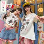 森女部落甜美可爱宽松小熊印花圆领短袖 小个子上衣 T恤女2026夏季