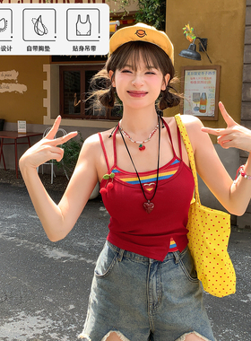 森女部落红色甜美挂脖背心女吊带带胸垫夏季修身短款内搭外穿上衣