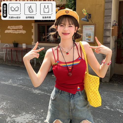 甜美假两件红色背心女吊带带胸垫