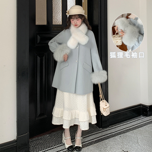 森女部落70.3%绵羊毛新款 口大衣冬 气质双面呢毛呢外套女狐狸毛袖