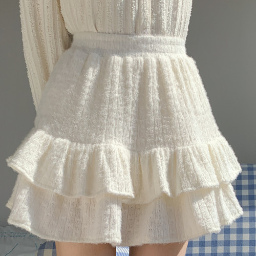 甜美白色针织半身裙高腰蛋糕裙女