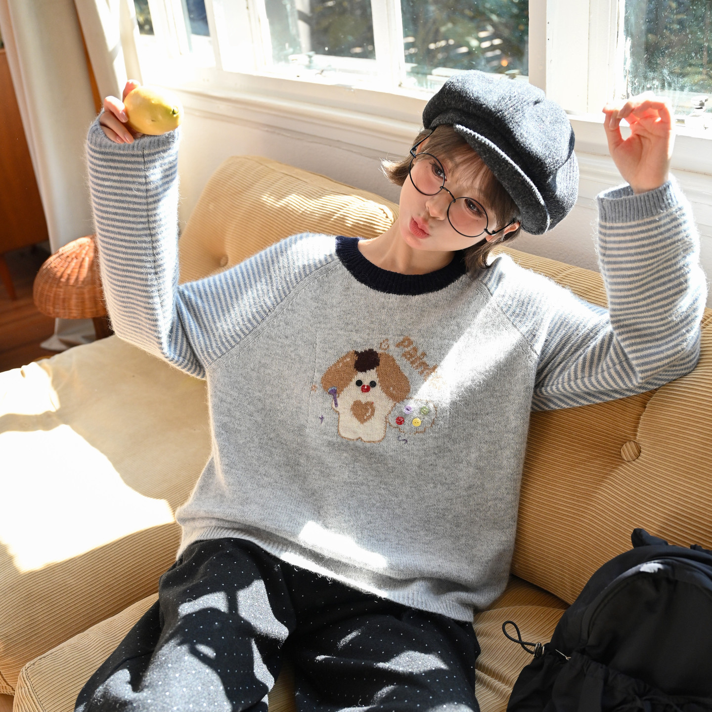 森女部落甜美小狗刺绣宽松套头毛衣女新款百搭4.8%绵羊毛针织衫冬