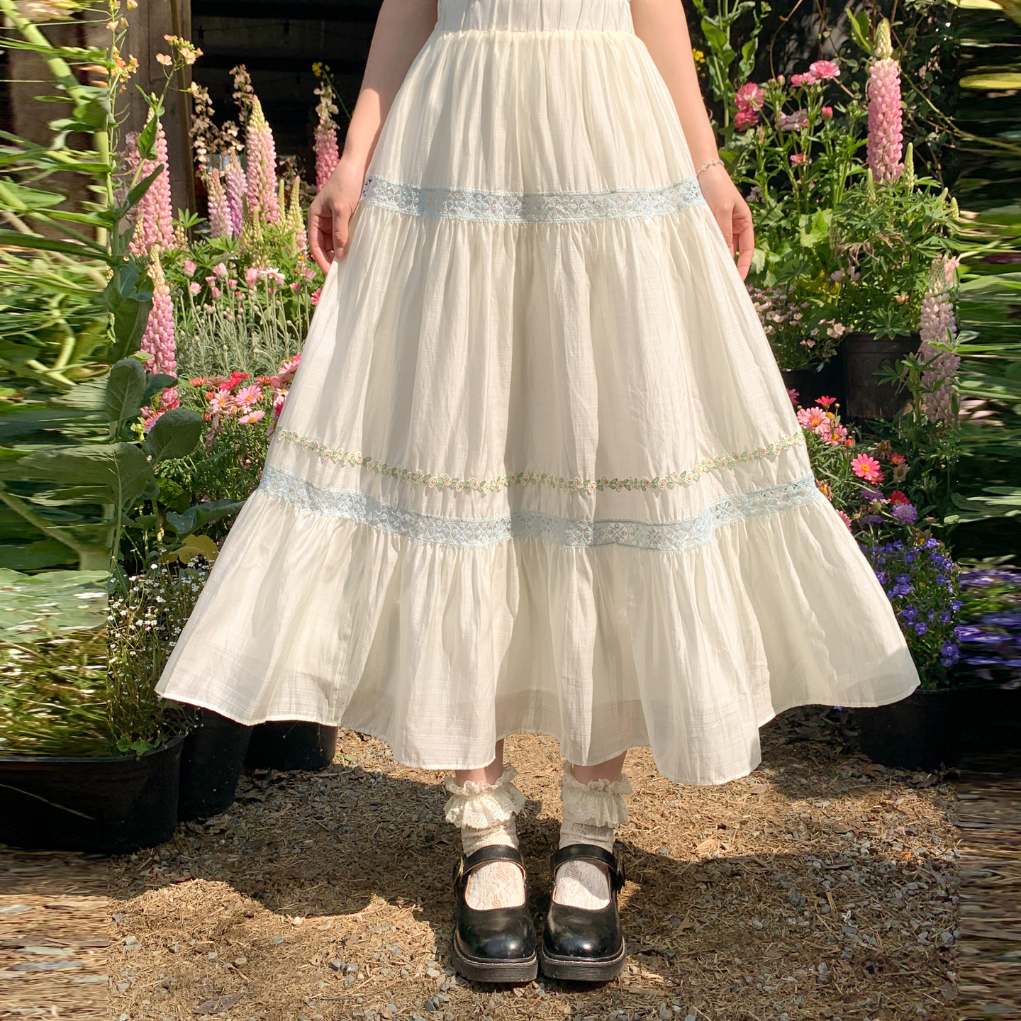 森女部落日常文艺A字裙刺绣高腰甜美蕾丝花边2026夏季拼接半身裙