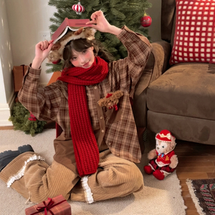 森女部落学院风百搭格子衬衫 撞色设计感小狗玩偶宽松上衣冬 女新款