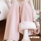 森女部落甜美风纯色加绒阔腿裤 冬季 女2026新款 两穿百搭高腰休闲裤