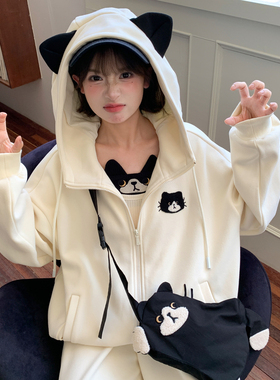 森女部落甜美可爱猫咪连帽外套卫衣女开衫2026秋情侣装穿搭冬新款