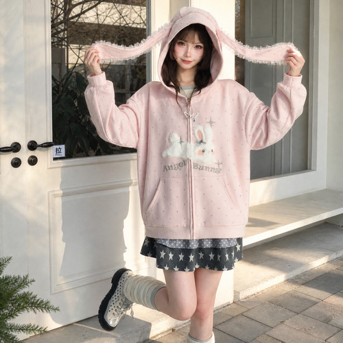 森女部落可爱波点连帽卫衣外套女秋2026新款兔耳朵粉色长袖开衫冬
