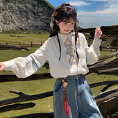 森女部落民族风刺绣长袖 上衣2026新款 衬衫 女秋宽松显瘦复古灯笼袖