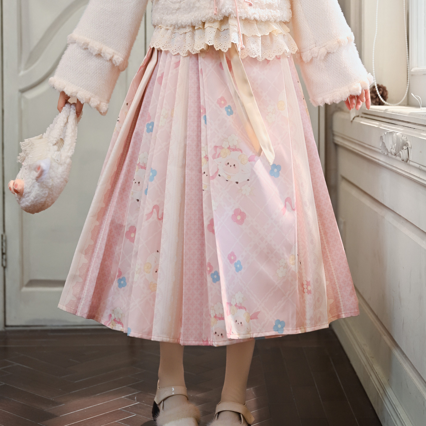 森女部落原创可爱风粉色小羊印花马面裙女新款百褶国风高腰半身裙,女装/女士精品,汉服半身裙,淘宝优惠券,粉丝福利购,淘宝优惠卷