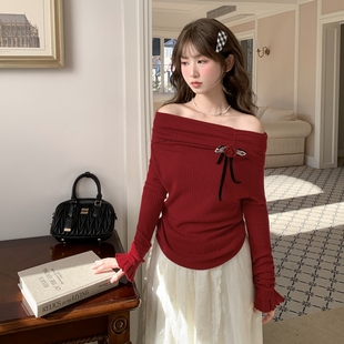 新年红露肩蝴蝶结百搭显白上衣冬 女新款 森女部落甜美风修身 针织衫