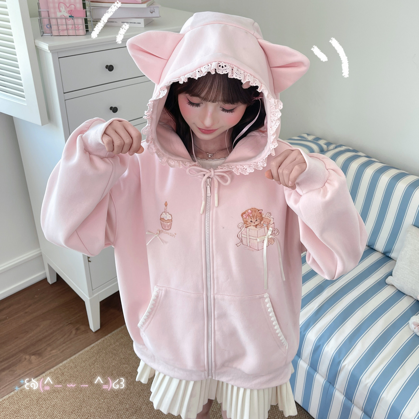 森女部落粉色立体猫耳外套少女蝴蝶结蕾丝边卡通印花宽松卫衣秋季