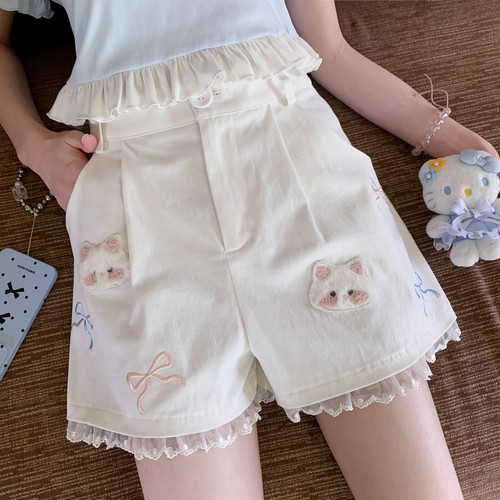 森女部落甜美猫咪刺绣短裤蕾丝拼接设计感高腰休闲裤女2026新款夏