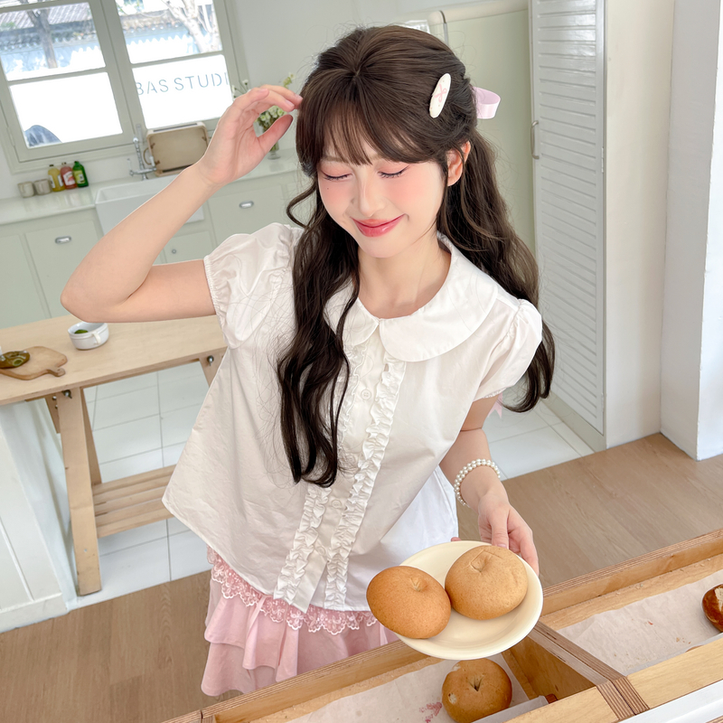 可爱娃娃领纯色花边短袖上衣衬衫