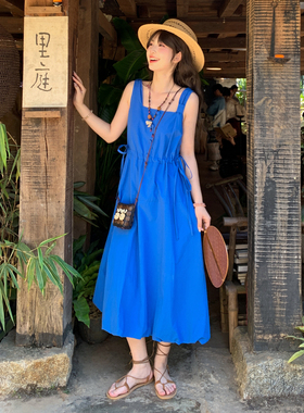 森女部落克莱因蓝裙子度假无袖连衣裙女夏蓝色小个子纯棉收腰长裙
