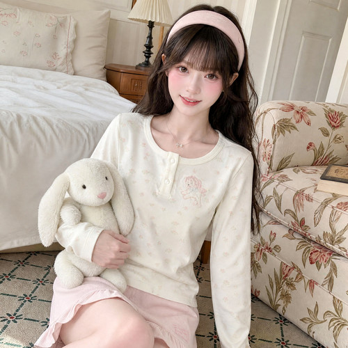 森女部落白色碎花长袖T恤女2026秋季新款打底衫小个子甜美上衣