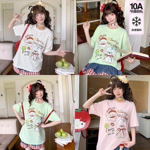 森女部落多色凉感10A抗菌T恤女少女感卡通印花宽松圆领短袖上衣