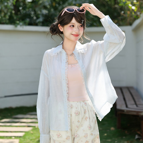 森女部落甜美蕾丝花边拼接衬衫女新款莱赛尔蓝色气质薄外套空调衫