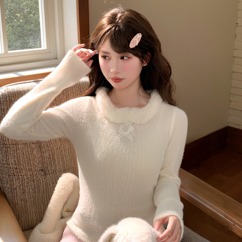 森女部落甜美风绒感设计感修身长袖T恤女新款蝴蝶结打底衫显瘦冬