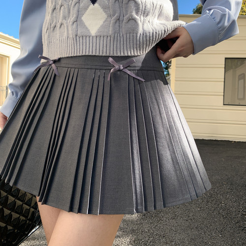森女部落甜美蝴蝶结灰色高腰百褶裙女2025新款秋学院风百搭半身裙