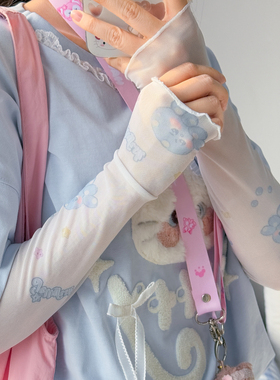 森女部落原创卡通猫咪印花蓝色袖套可拆防晒夏季遮阳透气冰袖少女