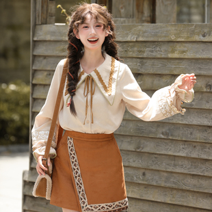 秋冬刺绣设计感卡其色上衣 女2025新款 森女部落民族风宽松长袖 衬衫