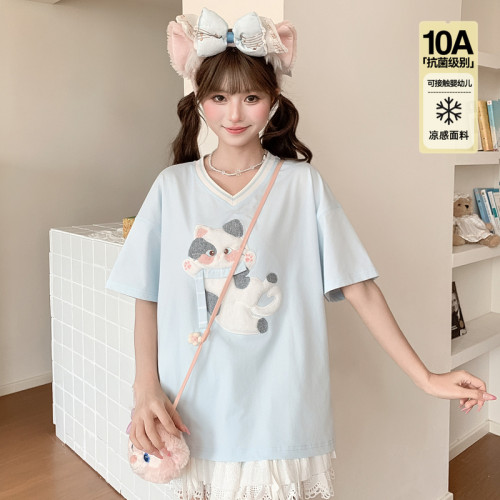 森女部落甜美风猫咪刺绣V领T恤女2026新款抗菌凉感宽松短袖上衣夏