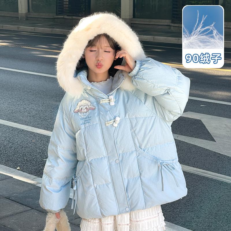 甜美可爱蓝色羽绒服女中长款外套