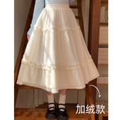 加厚半裙A字长裙裙子 森女部落白色加绒高腰半身裙女冬2026秋新款