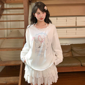 森女部落甜美薄款 印花上衣秋2026新款 白色长袖 T恤女早秋可爱罩衫