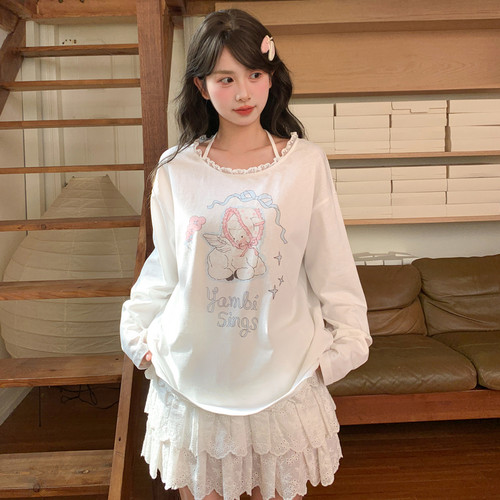 甜美白色长袖T恤女秋季罩衫上衣