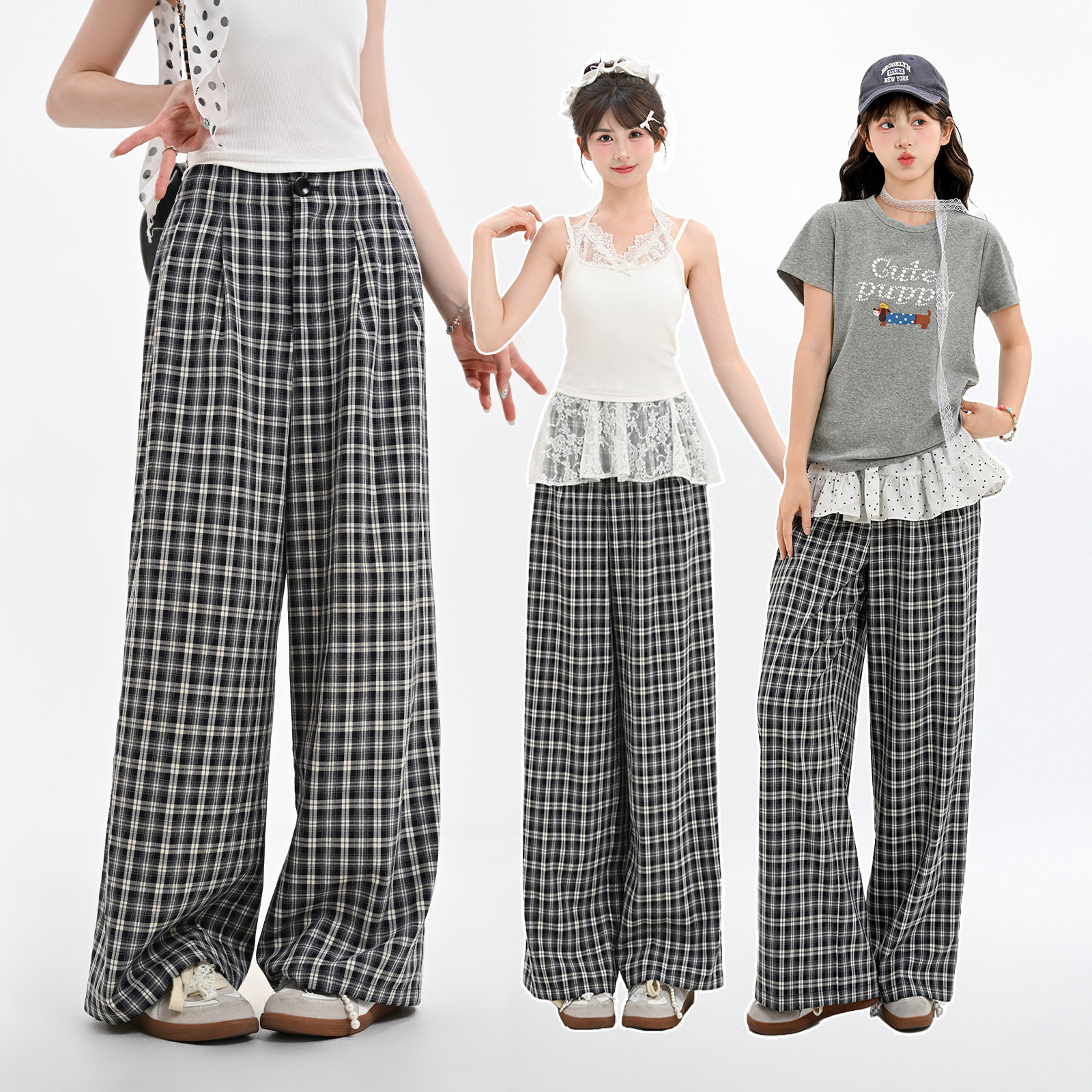 森女部落夏季格子裤子休闲直筒宽松气质百搭高腰阔腿裤女2025新款,女装/女士精品,休闲裤,淘宝优惠券,粉丝福利购,淘宝优惠卷