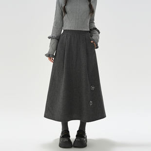 森女部落纯色高级感高腰A字半身裙女新款 遮跨百搭毛呢伞裙冬 长款