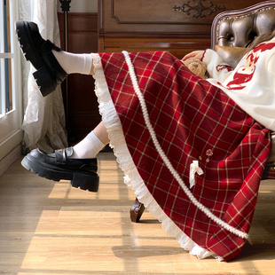 森女部落圣诞氛围感甜美高腰格子半身裙女新款 百搭大裙摆A字裙冬