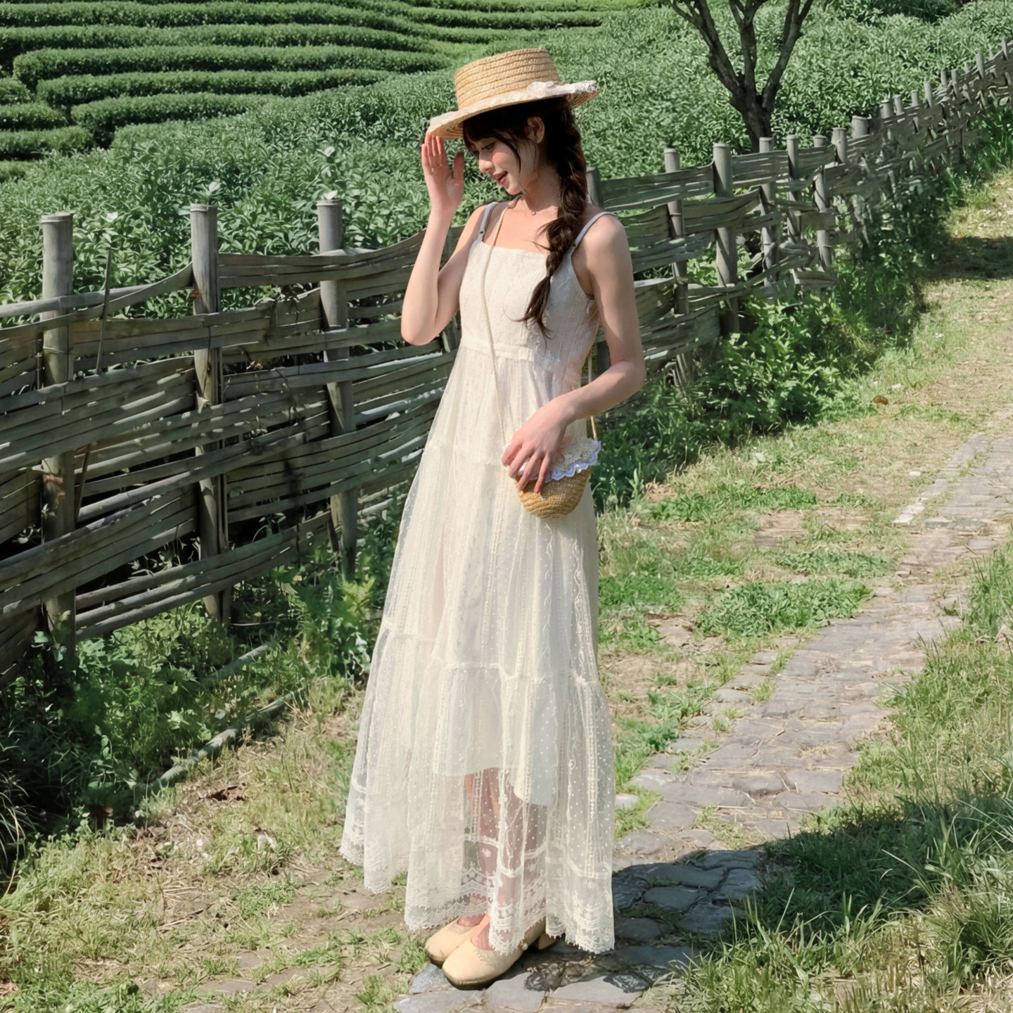 森女部落甜美风白色蕾丝轻纱大裙摆吊带连衣裙女新款法式初恋裙春