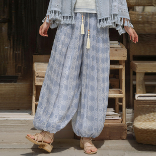 女装 森女部落原创波西米亚风度假灯笼印花束脚休闲裤 夏2025年新款