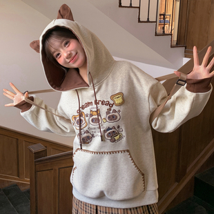 森女部落软萌暹罗猫刺绣卫衣女甜美风设计感撞色宽松连帽上衣冬季